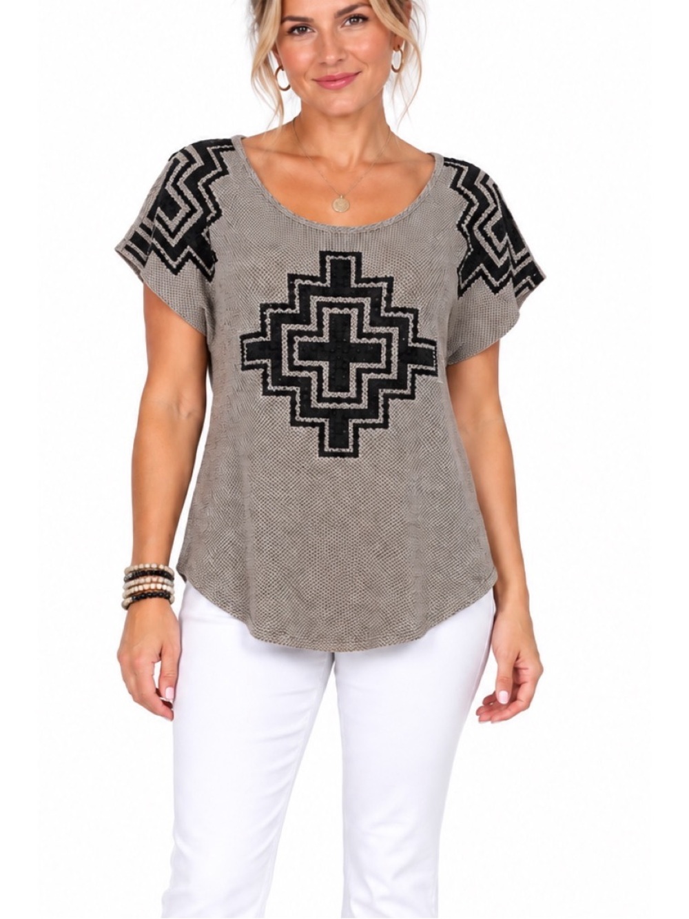 Vocal taupe-gray short sleeve top featuring a textured waffle-knit fabric,Medium